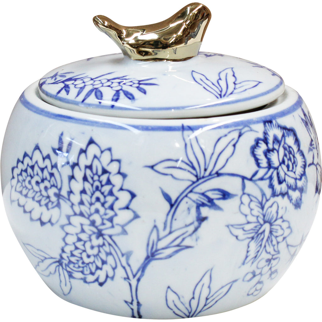 Blue & White Jar with Gold Bird