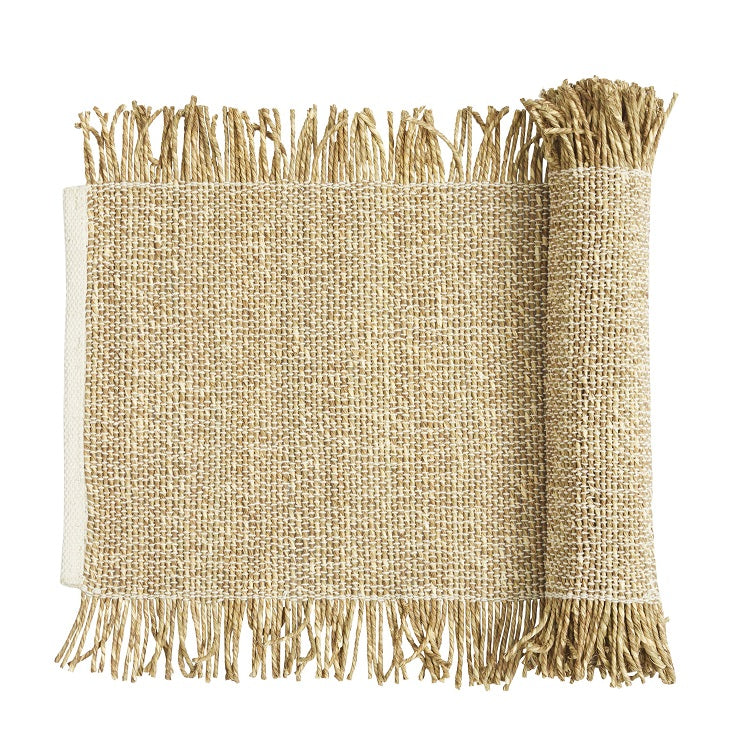 Shari Table Runner - White/Natural with fringed edge in seagrass