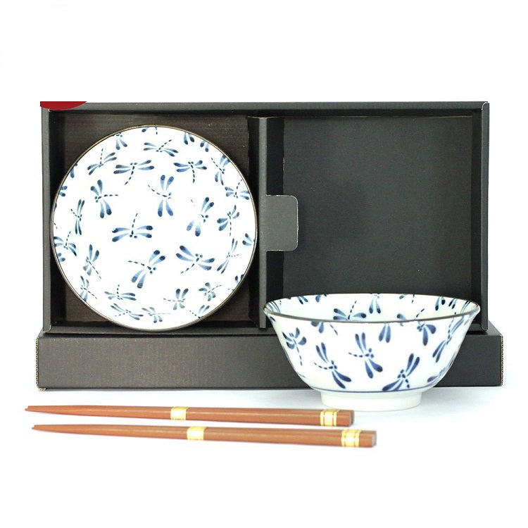 Japanese Bowls Set 2 - Blue & White Dragonfly