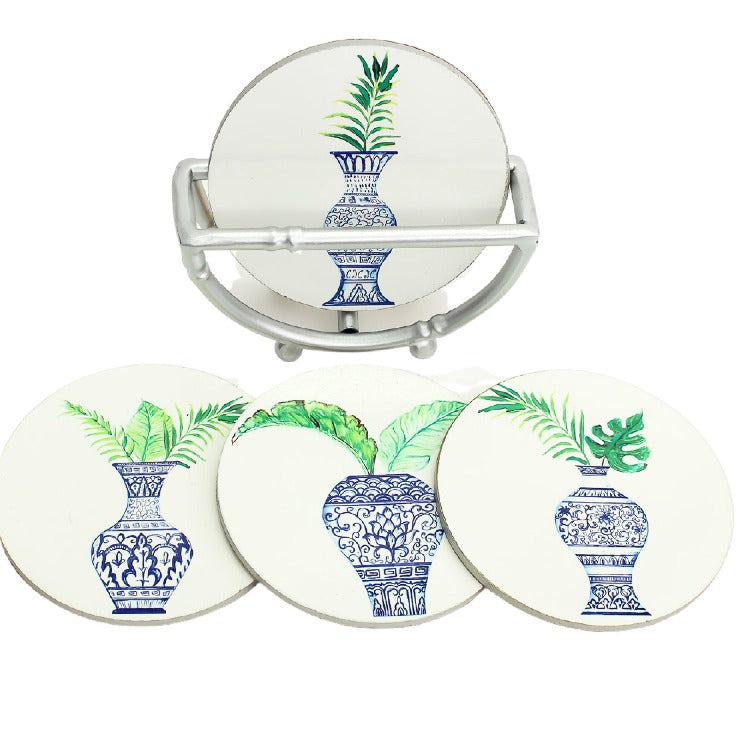Chinoiserie Coaster Set in Silver Bamboo Stand