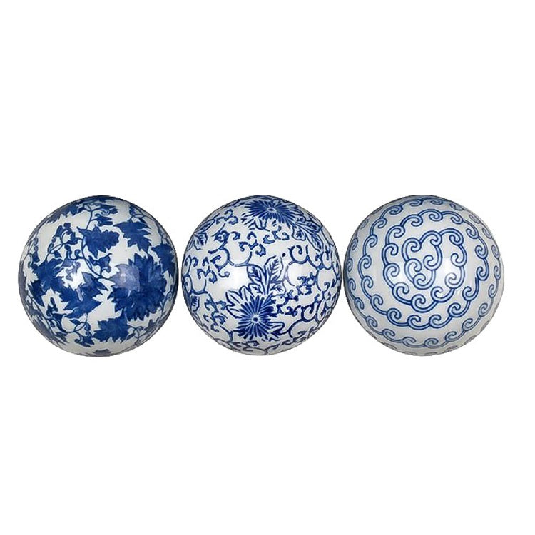Blue & White Ceramic Decor Balls 10cm  - set of 3