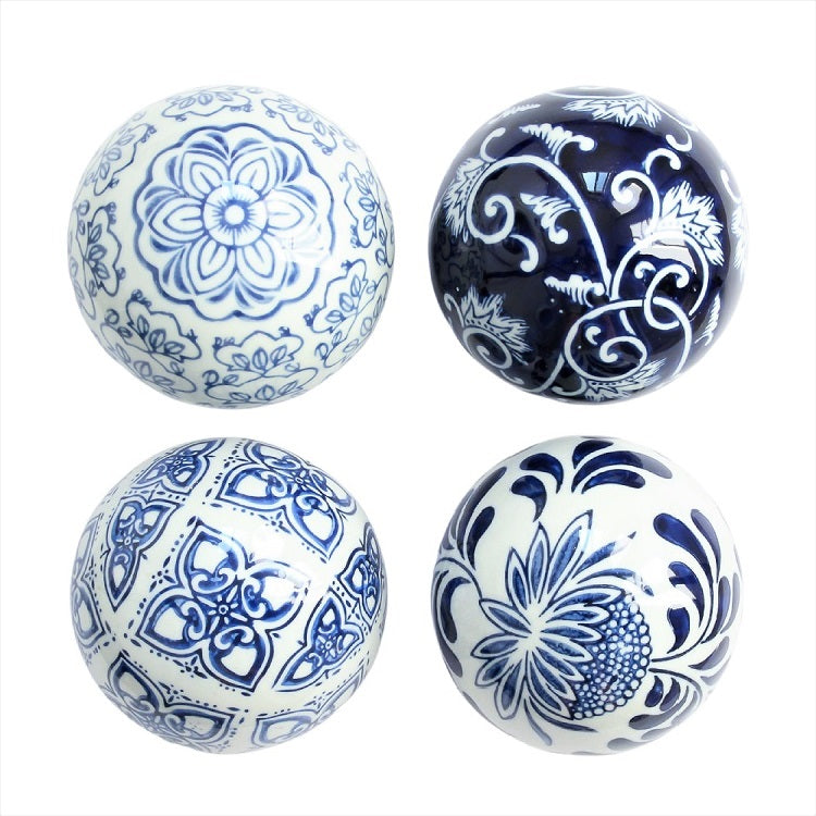 Blue & White Porcelain Décor Balls 10cm  - set of 4