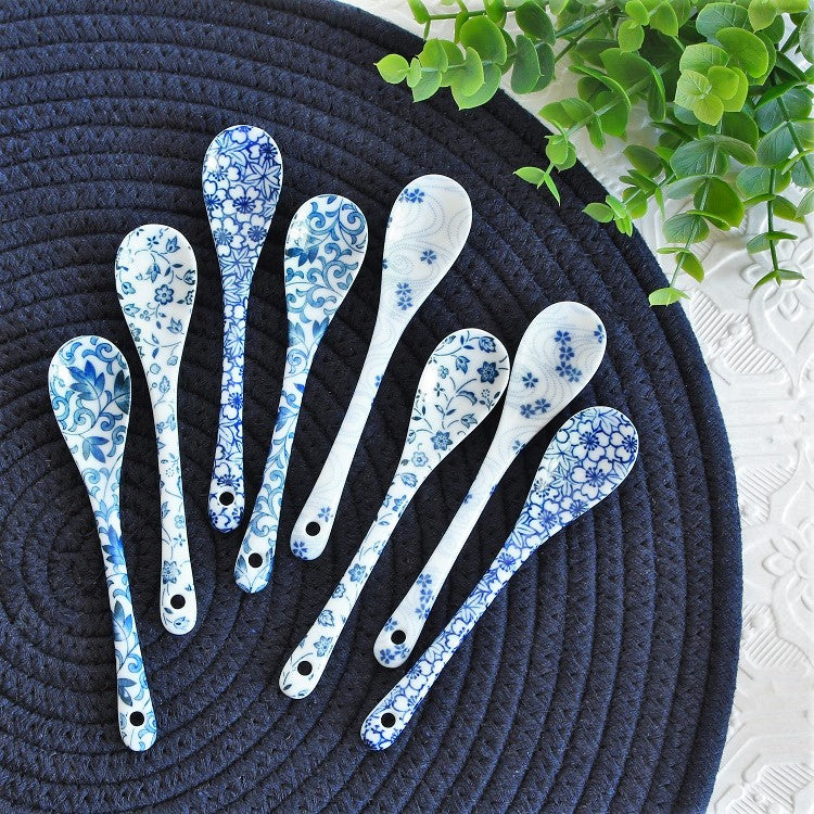 Blue & White Ceramic Floral Teaspoons - Set of 4