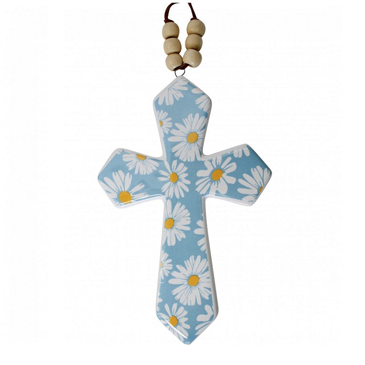 Hanging Cross with Beads - Blue Daisy