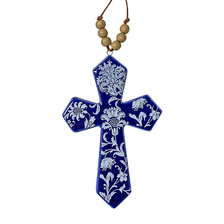 Hanging Cross with Beads - Blue Floret