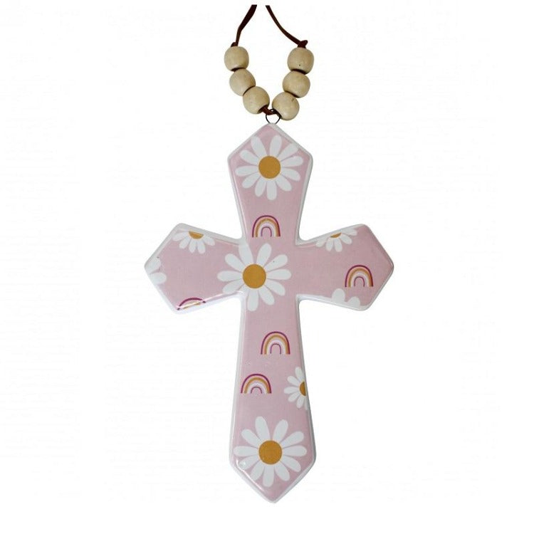Hanging Cross with Beads - Pink Daisy