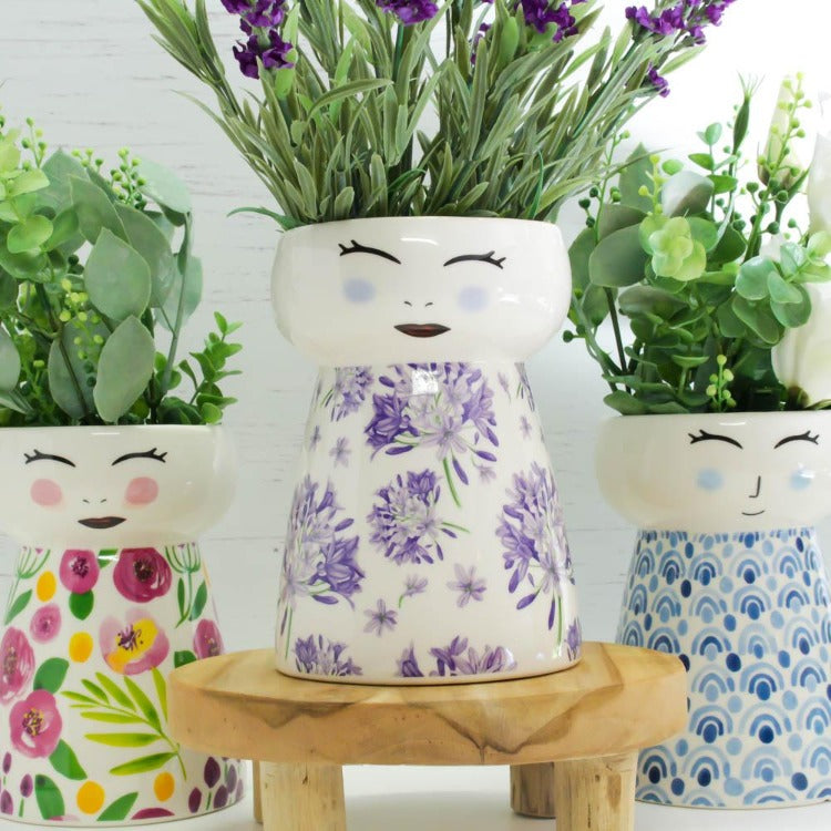 Ceramic Face Vase with watercolour Agapanthus feature