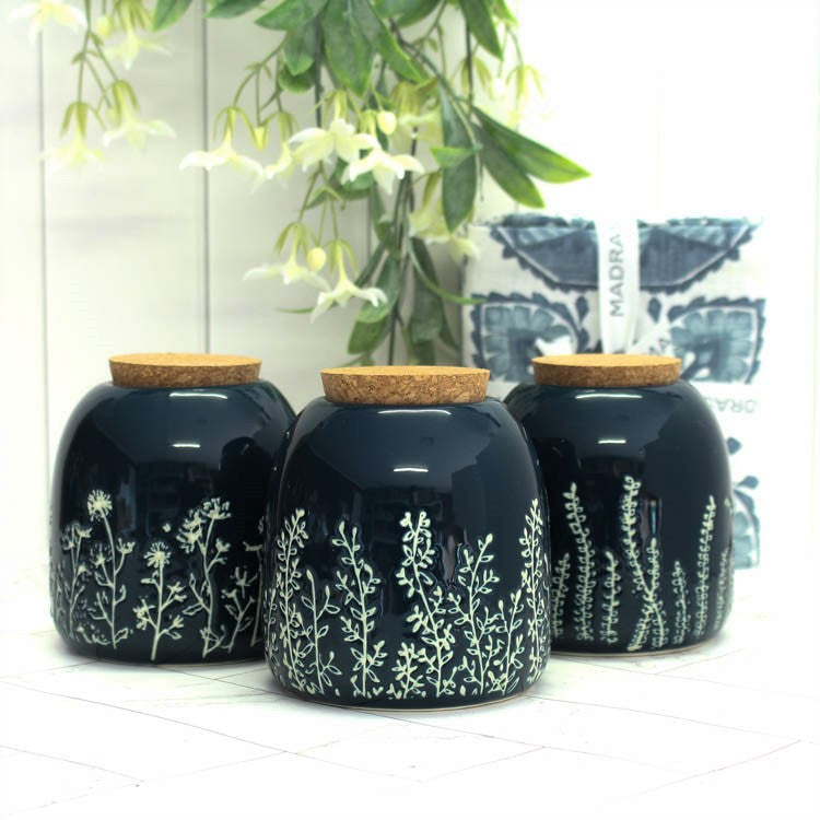 Homespun Orbit Navy Stoneware Canisters with Lids - Set of 3