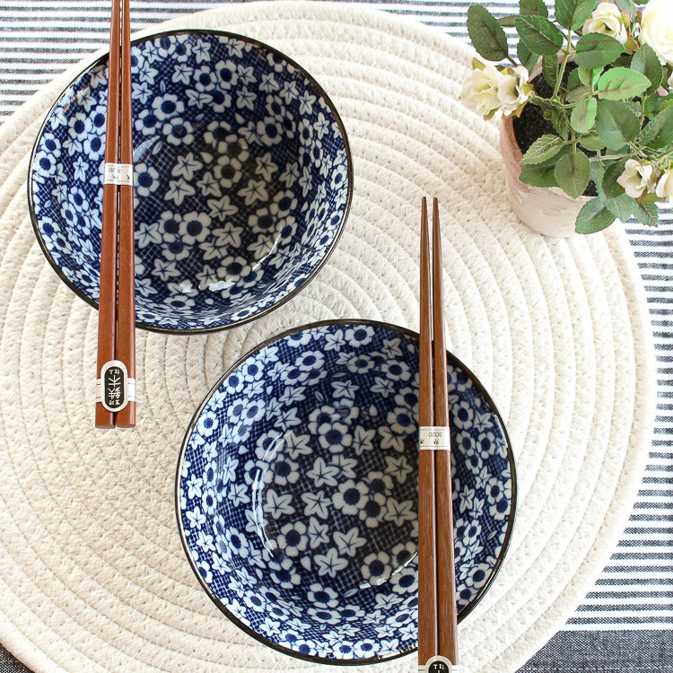 Japanese Bowls Set 2 with Chopsticks - Blue Daisy