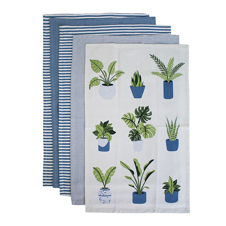 Cotton Tea Towel - Plant Life Blue - Set of 5