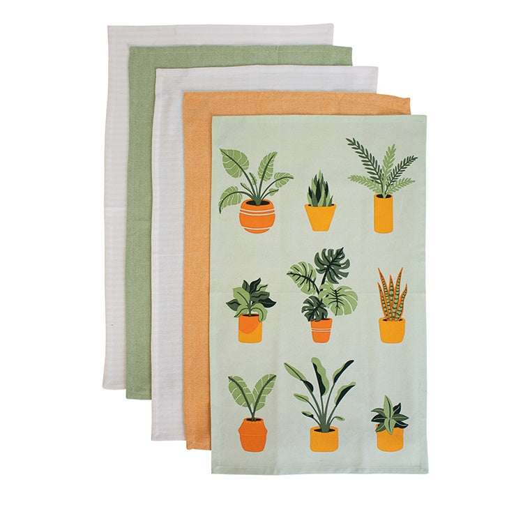 Cotton Tea Towel - Plant Life Green - Set of 5